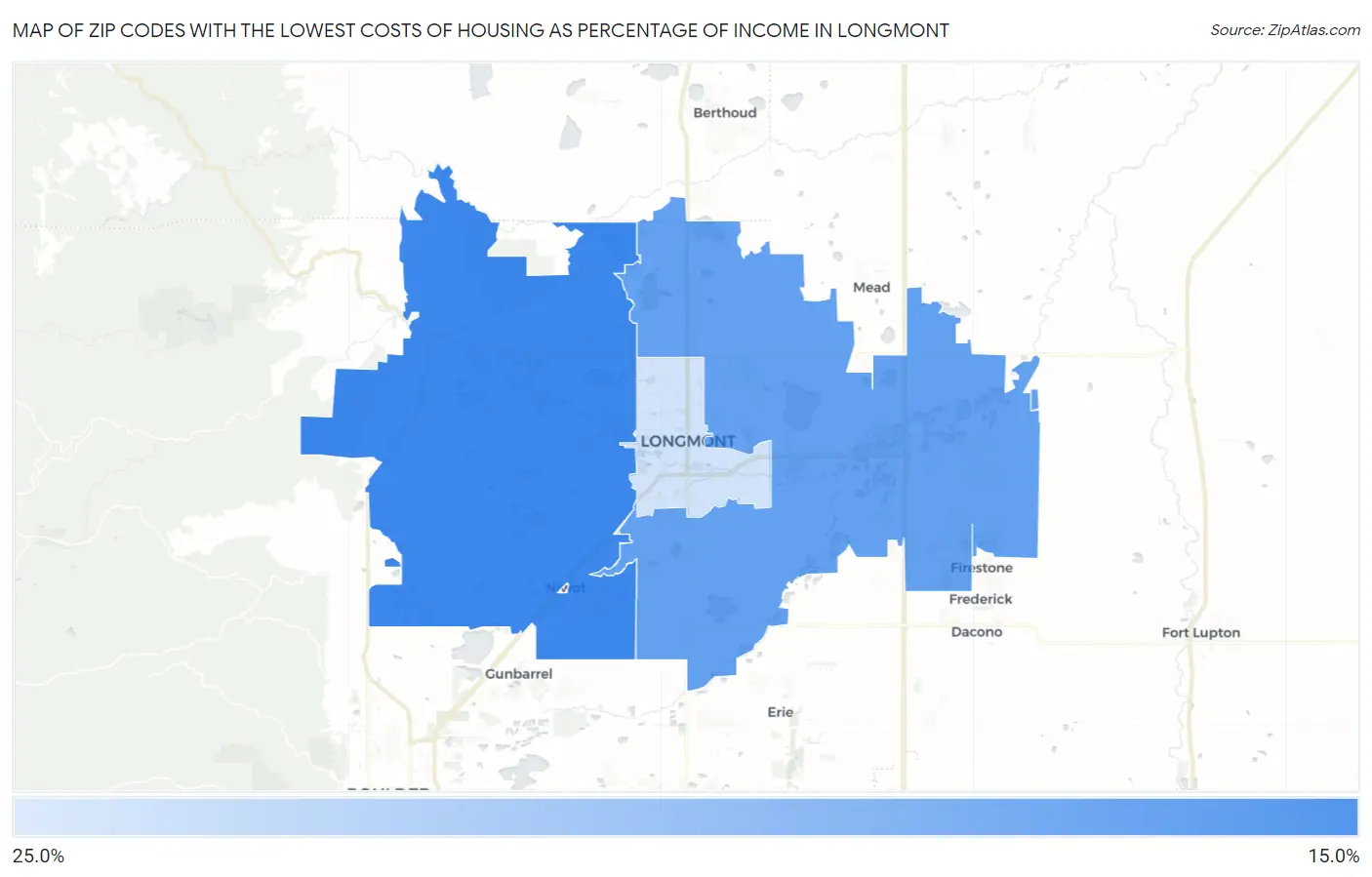 Zip Codes with the Lowest Costs of Housing as Percentage of Income in Longmont Map