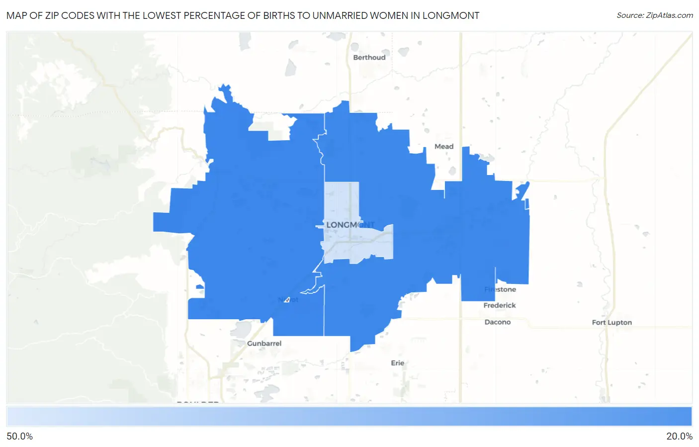 Zip Codes with the Lowest Percentage of Births to Unmarried Women in Longmont Map