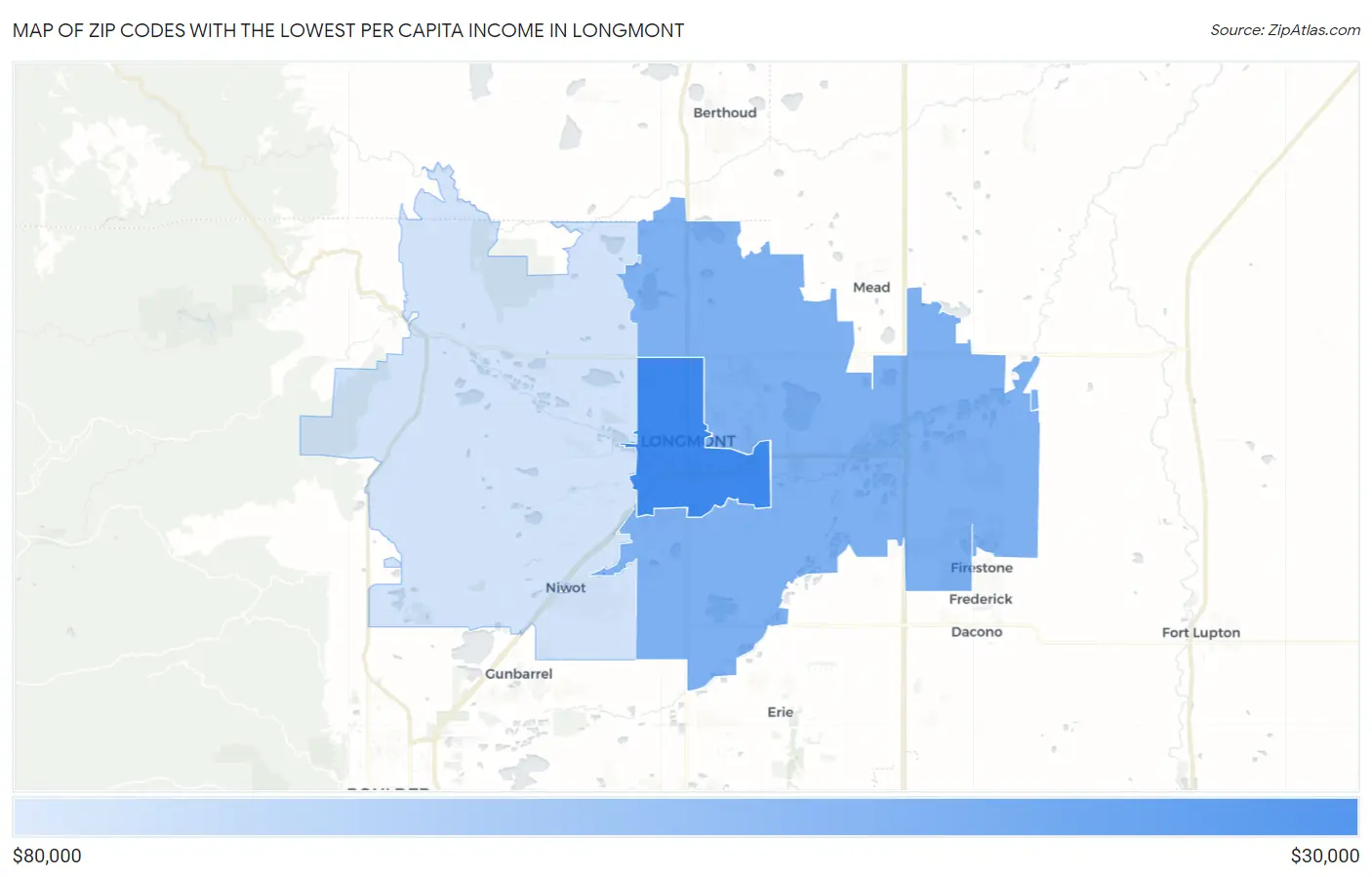 Zip Codes with the Lowest Per Capita Income in Longmont Map
