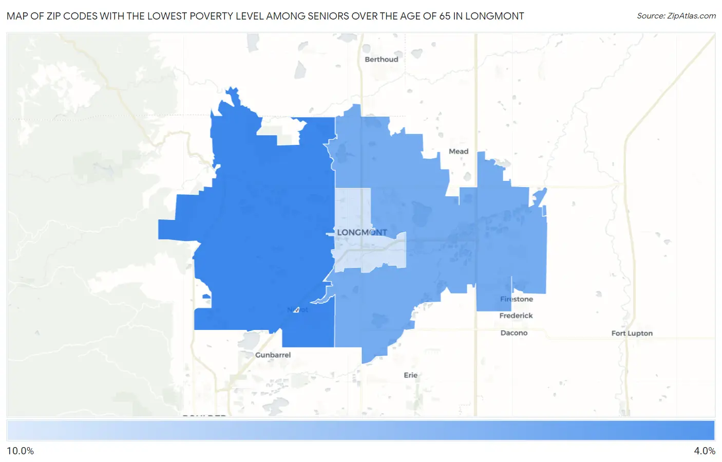 Zip Codes with the Lowest Poverty Level Among Seniors Over the Age of 65 in Longmont Map