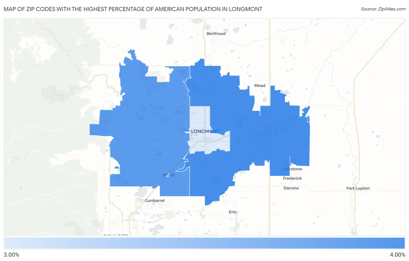 Zip Codes with the Highest Percentage of American Population in Longmont Map