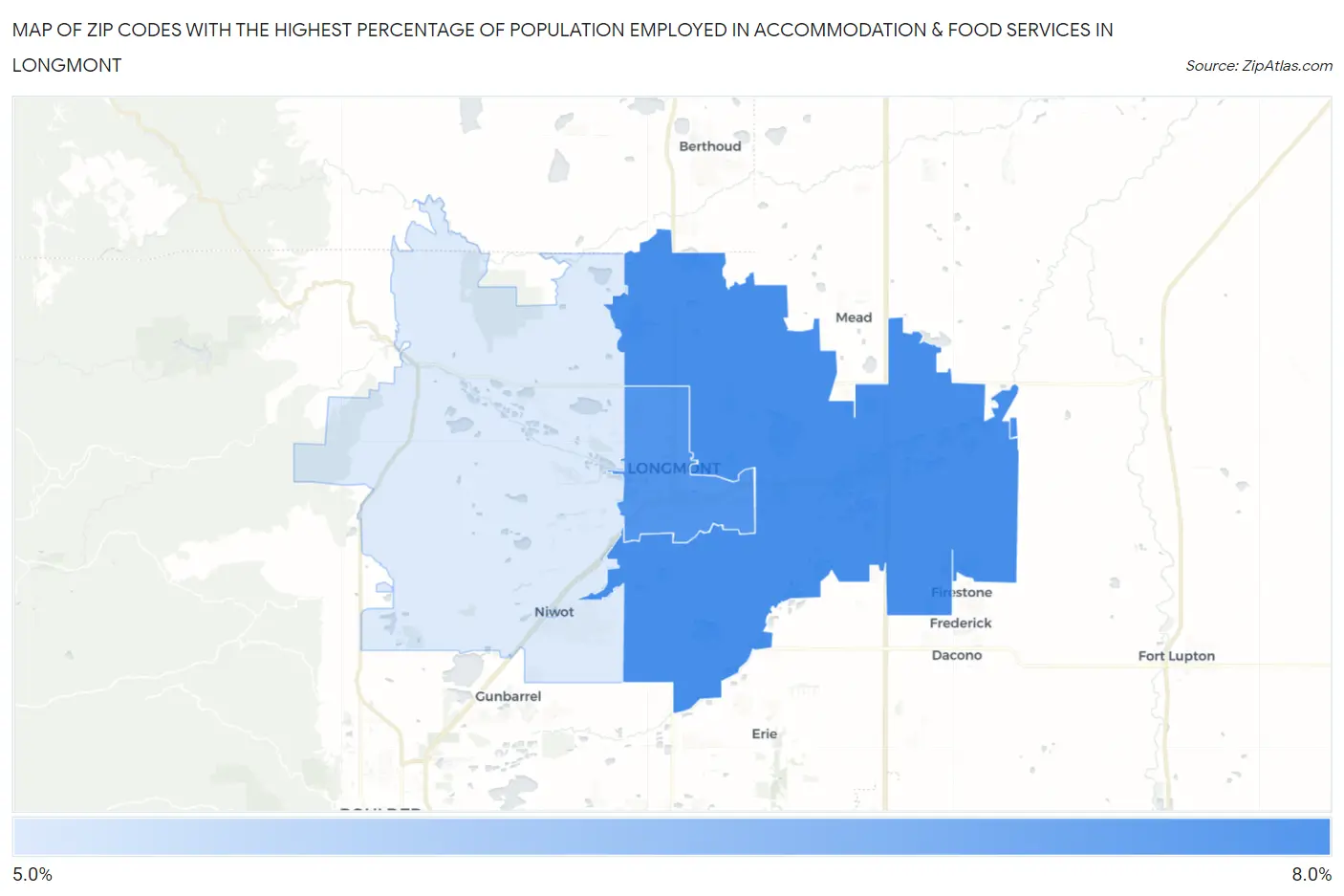 Zip Codes with the Highest Percentage of Population Employed in Accommodation & Food Services in Longmont Map