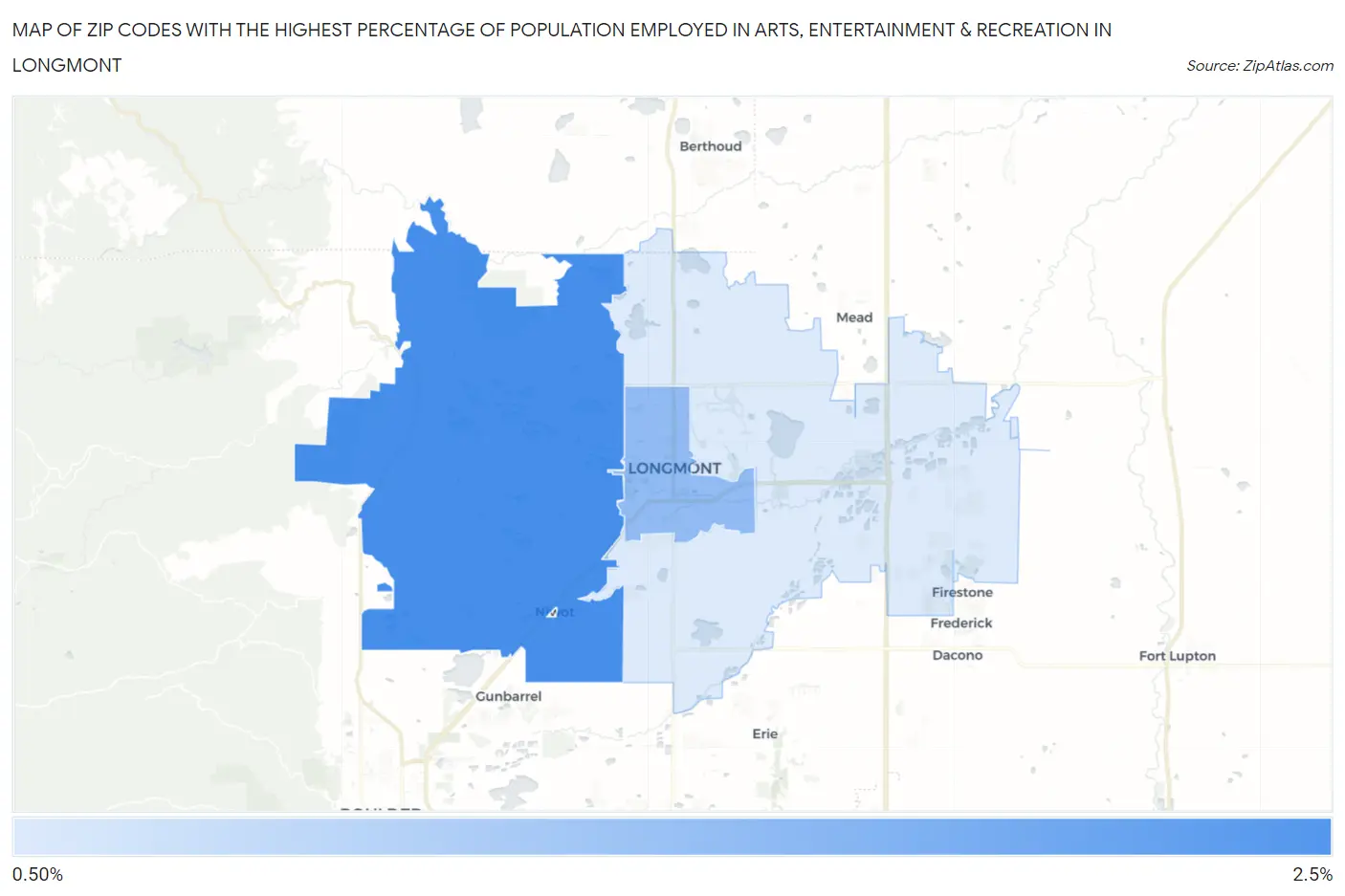 Zip Codes with the Highest Percentage of Population Employed in Arts, Entertainment & Recreation in Longmont Map