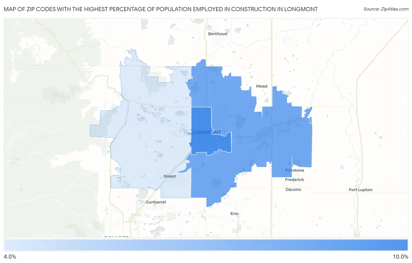 Zip Codes with the Highest Percentage of Population Employed in Construction in Longmont Map