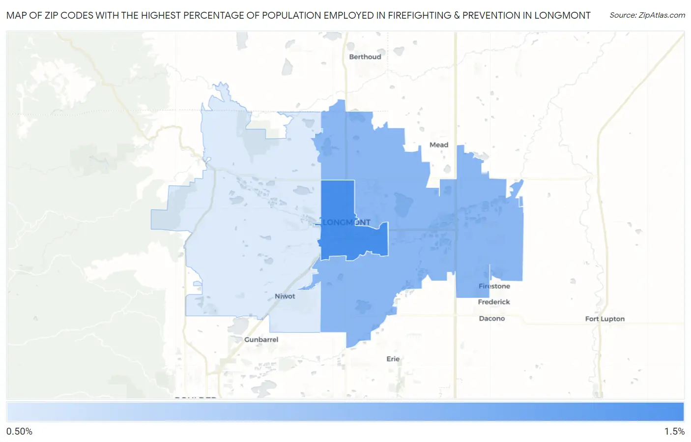 Zip Codes with the Highest Percentage of Population Employed in Firefighting & Prevention in Longmont Map