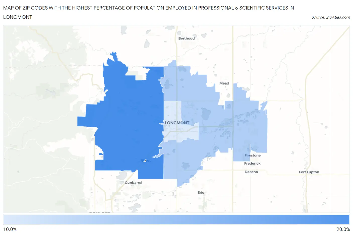 Zip Codes with the Highest Percentage of Population Employed in Professional & Scientific Services in Longmont Map
