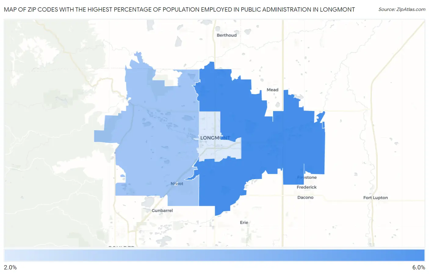 Zip Codes with the Highest Percentage of Population Employed in Public Administration in Longmont Map