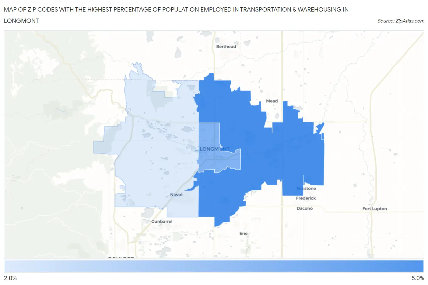 Zip Codes with the Highest Percentage of Population Employed in Transportation & Warehousing in Longmont Map