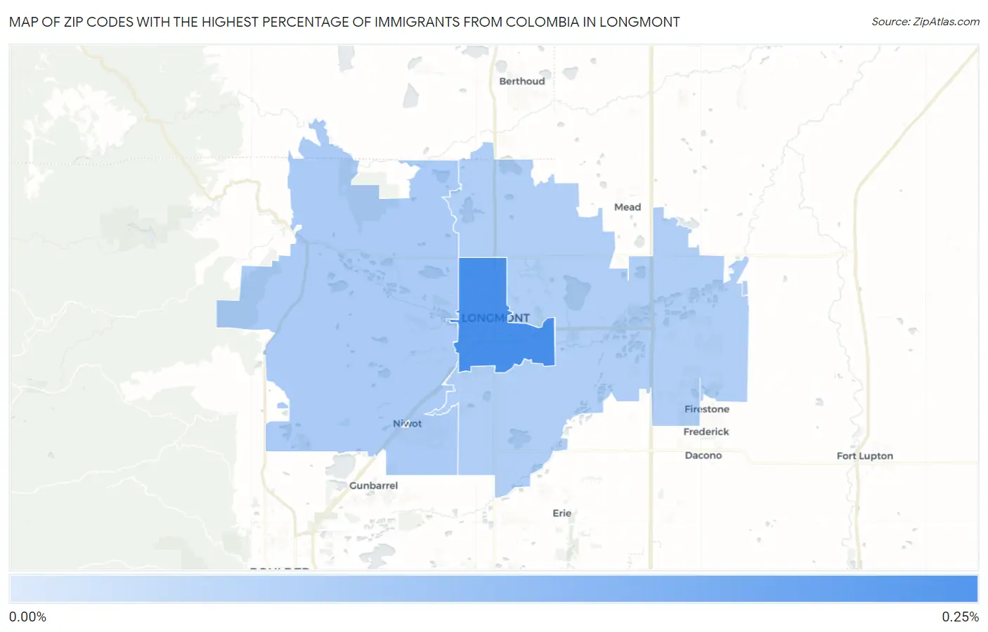 Zip Codes with the Highest Percentage of Immigrants from Colombia in Longmont Map