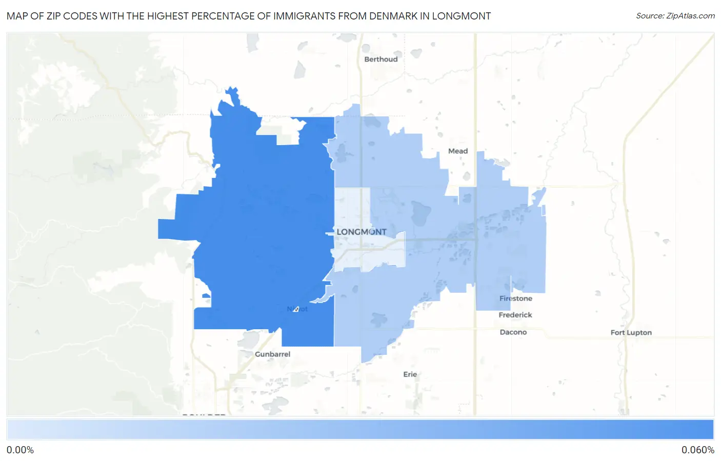 Zip Codes with the Highest Percentage of Immigrants from Denmark in Longmont Map