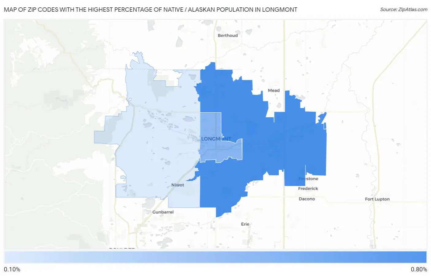 Zip Codes with the Highest Percentage of Native / Alaskan Population in Longmont Map