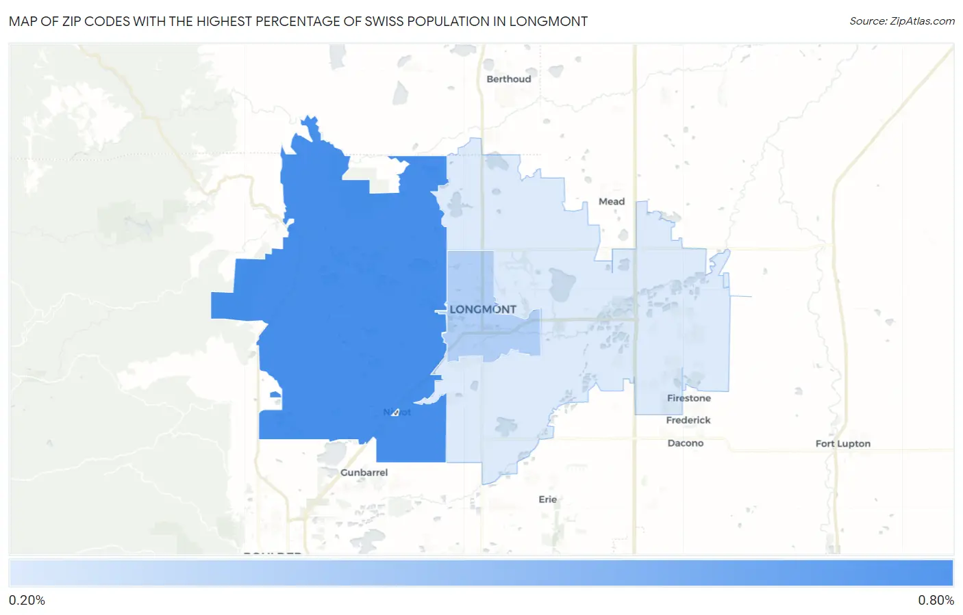 Zip Codes with the Highest Percentage of Swiss Population in Longmont Map