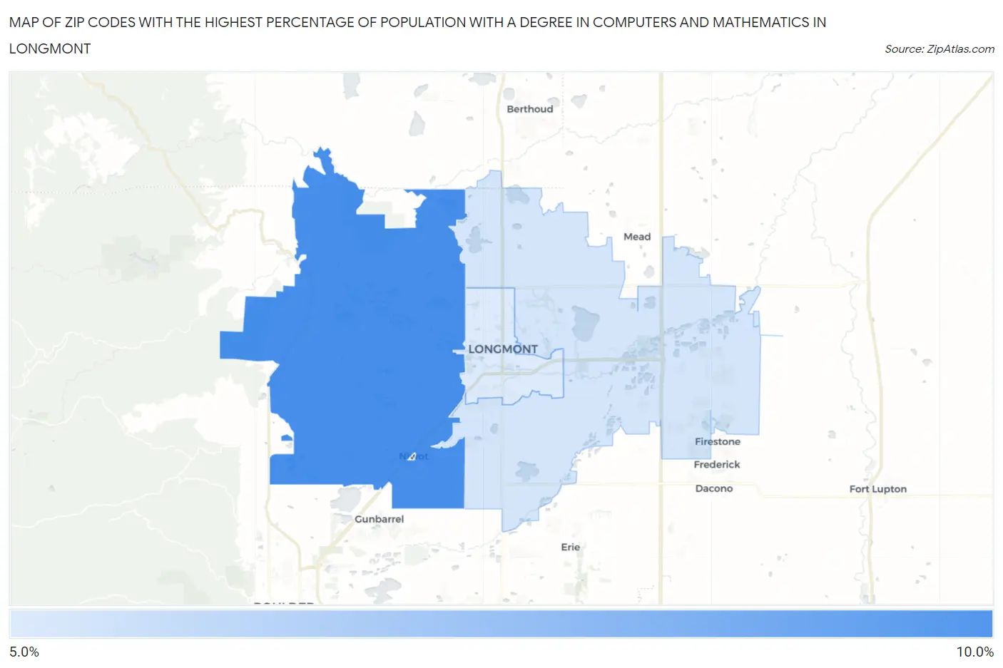 Zip Codes with the Highest Percentage of Population with a Degree in Computers and Mathematics in Longmont Map