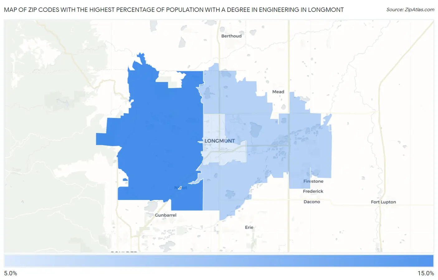 Zip Codes with the Highest Percentage of Population with a Degree in Engineering in Longmont Map