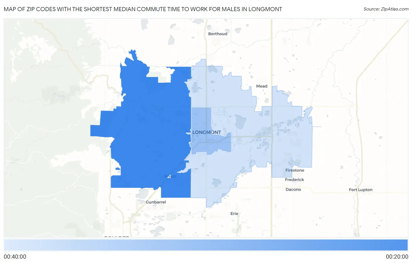Zip Codes with the Shortest Median Commute Time to Work for Males in Longmont Map