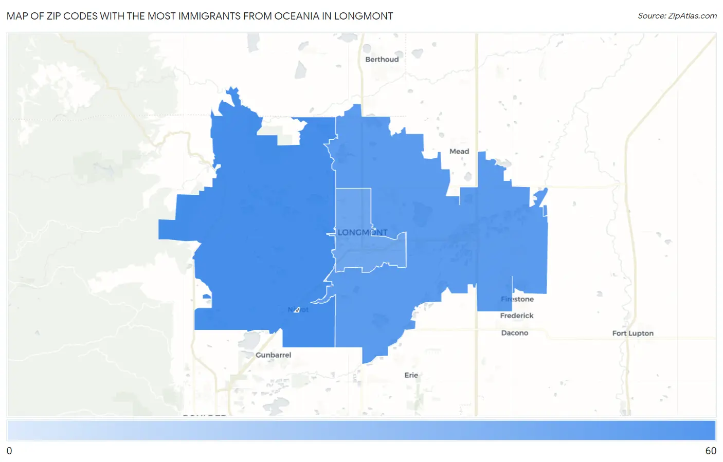 Zip Codes with the Most Immigrants from Oceania in Longmont Map