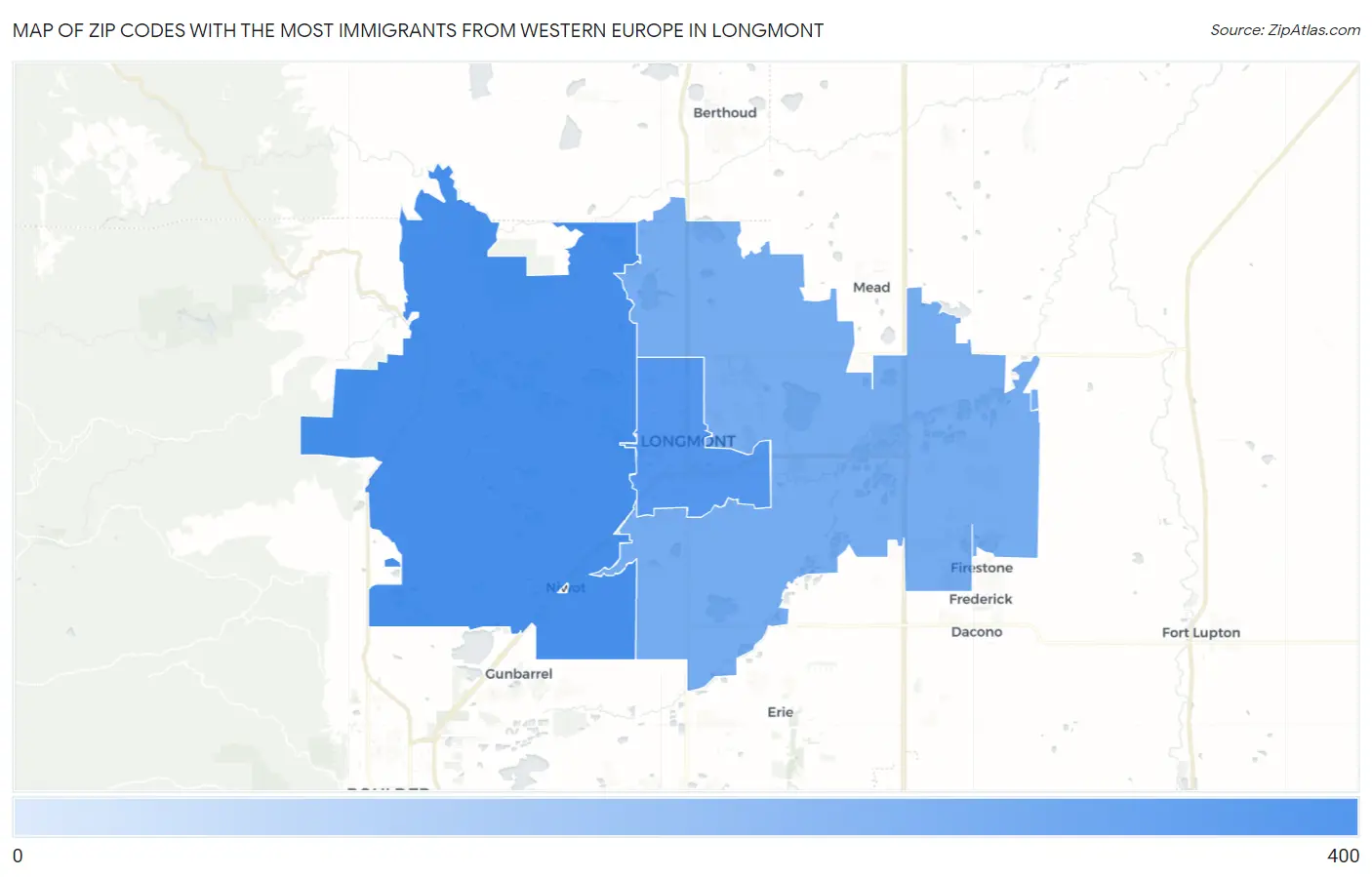 Zip Codes with the Most Immigrants from Western Europe in Longmont Map