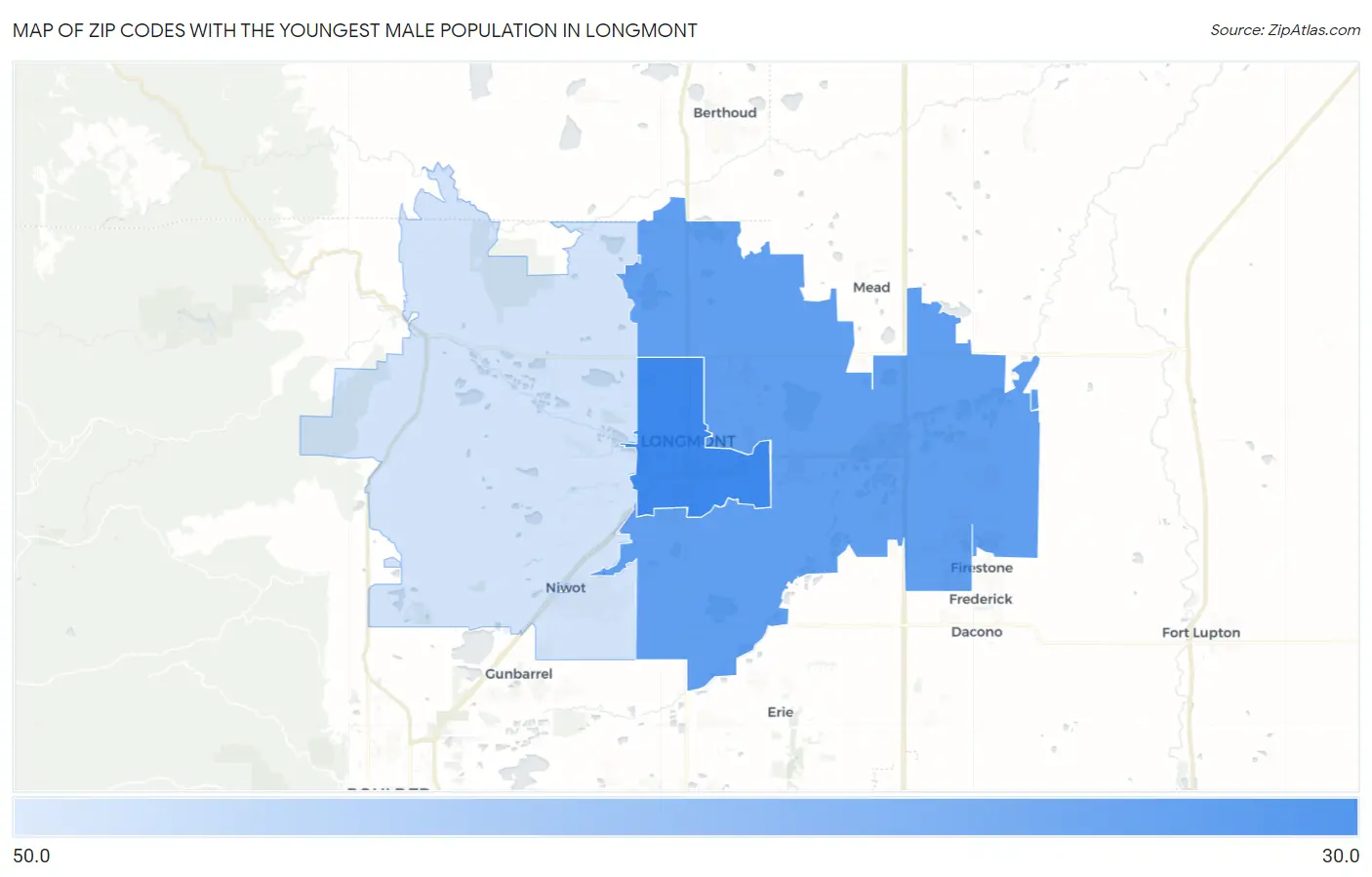 Zip Codes with the Youngest Male Population in Longmont Map