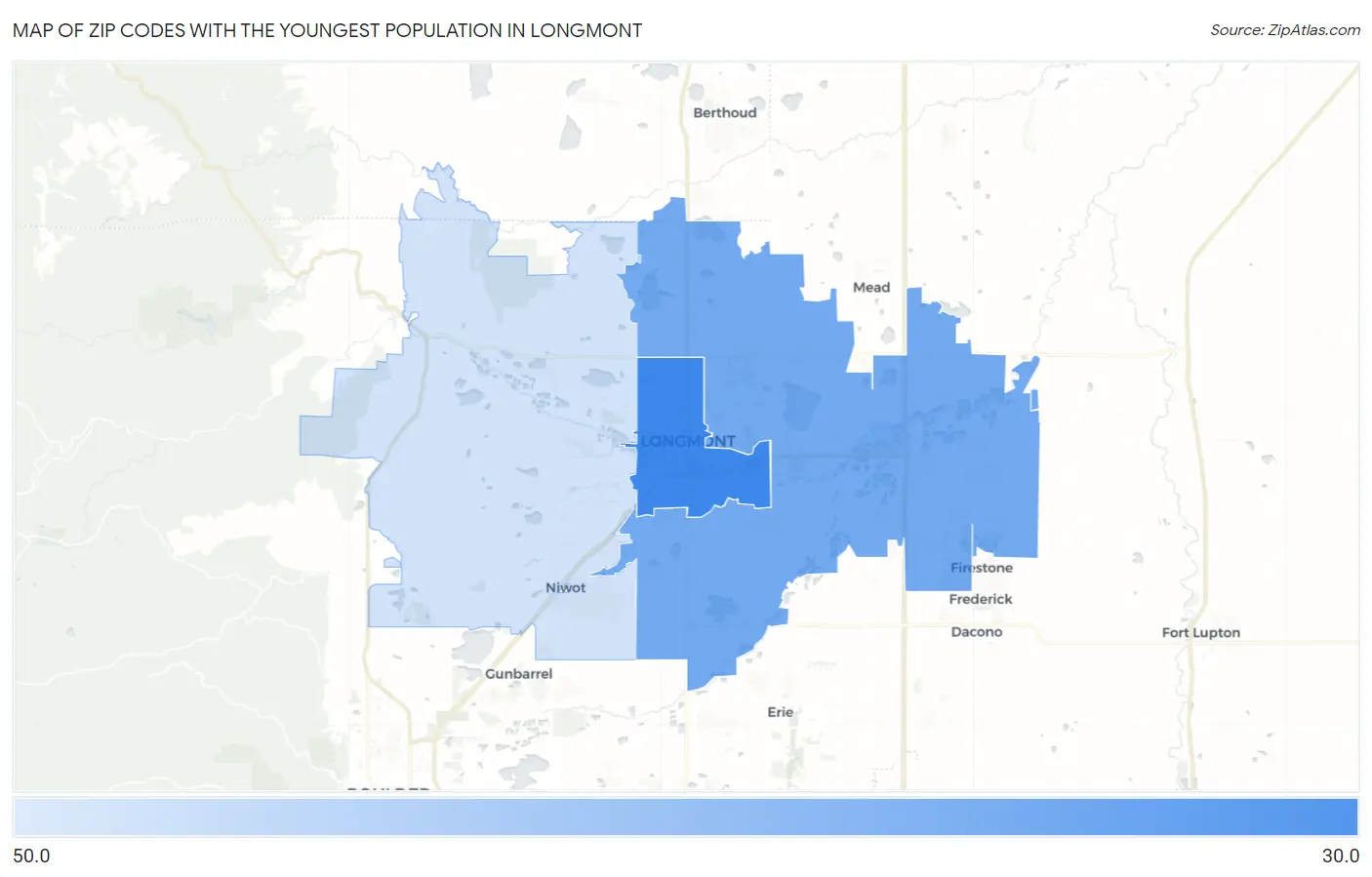 Zip Codes with the Youngest Population in Longmont Map