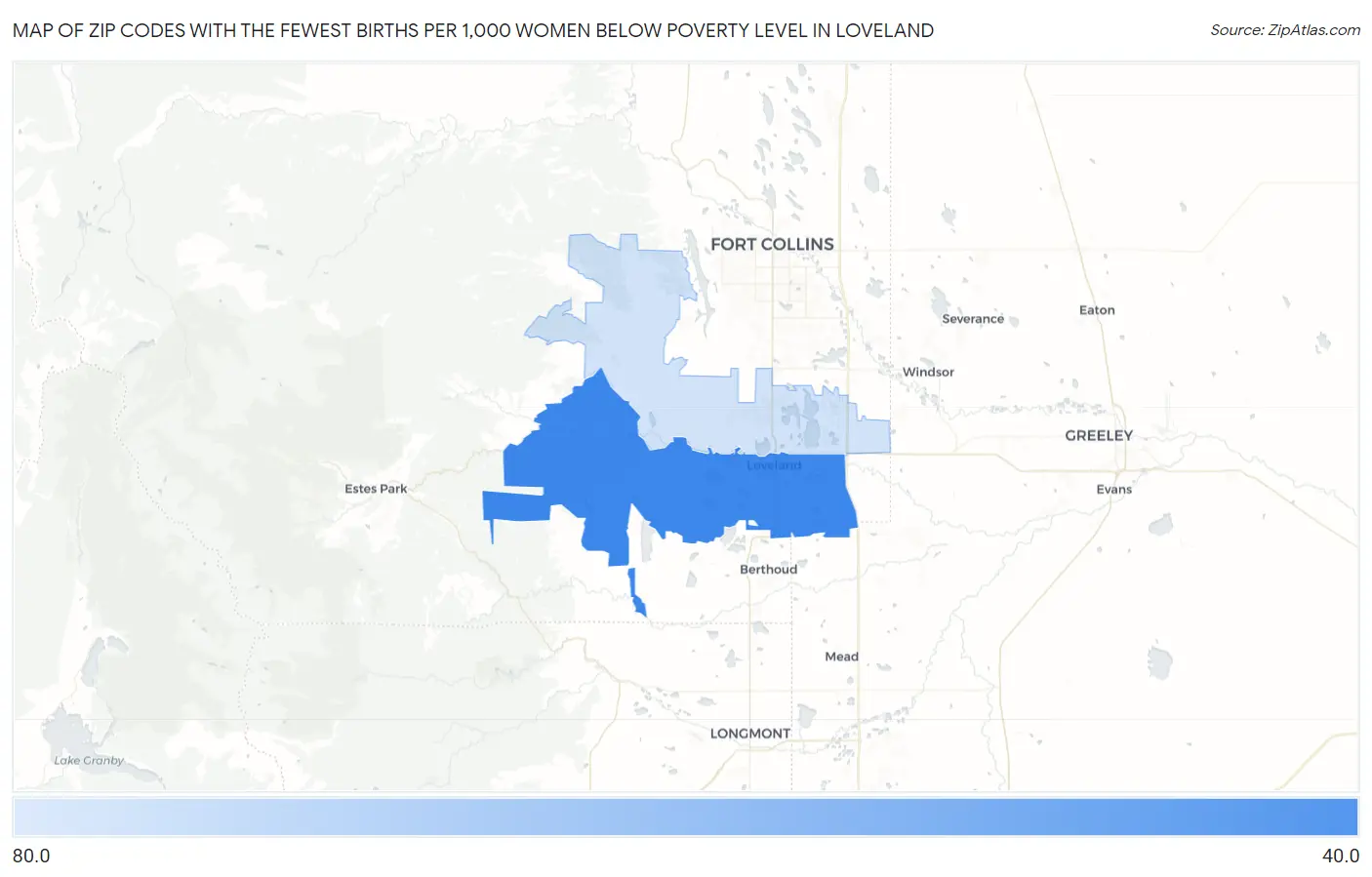 Zip Codes with the Fewest Births per 1,000 Women Below Poverty Level in Loveland Map