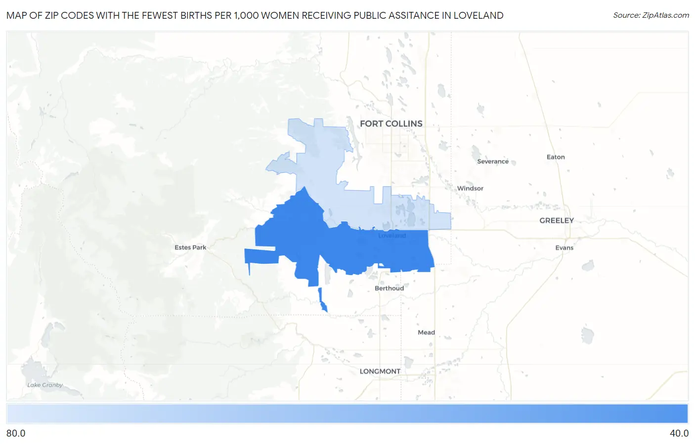 Zip Codes with the Fewest Births per 1,000 Women Receiving Public Assitance in Loveland Map