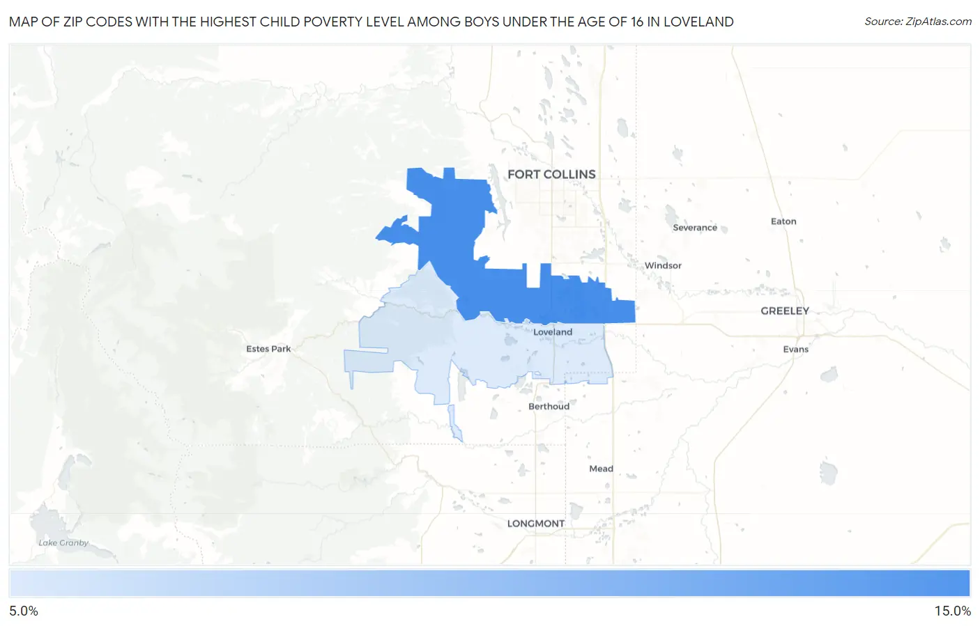 Zip Codes with the Highest Child Poverty Level Among Boys Under the Age of 16 in Loveland Map