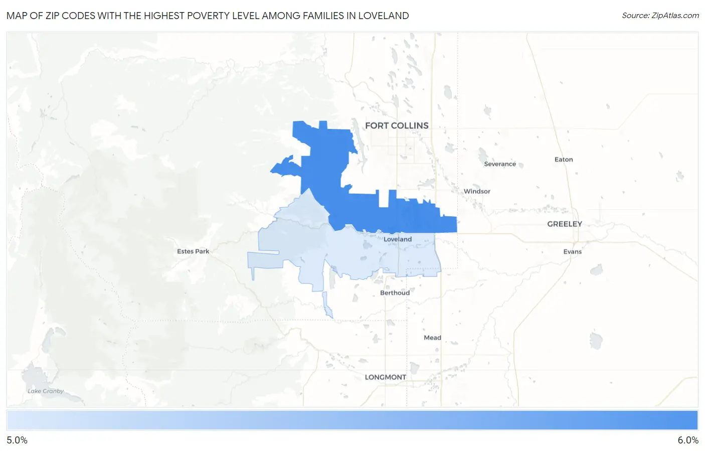 Zip Codes with the Highest Poverty Level Among Families in Loveland Map