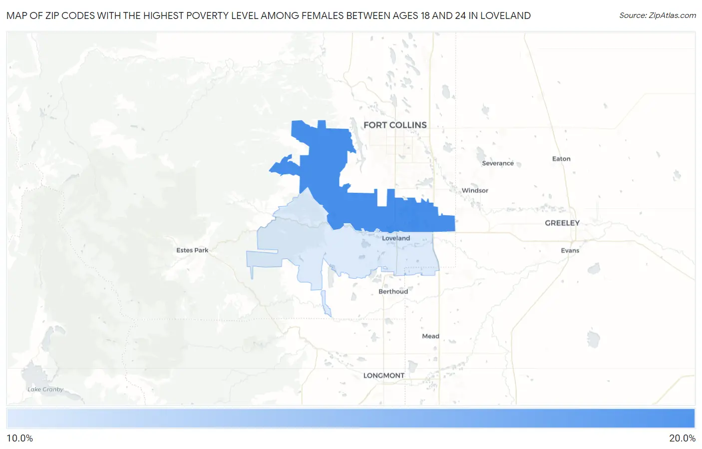 Zip Codes with the Highest Poverty Level Among Females Between Ages 18 and 24 in Loveland Map