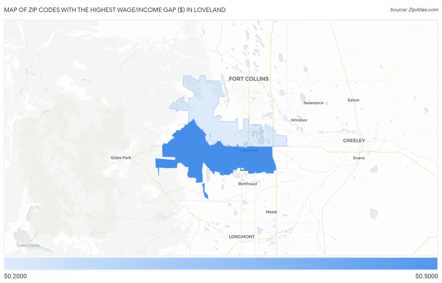 Zip Codes with the Highest Wage/Income Gap ($) in Loveland Map