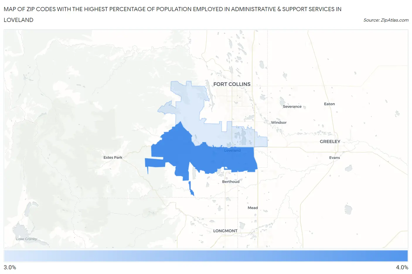 Zip Codes with the Highest Percentage of Population Employed in Administrative & Support Services in Loveland Map