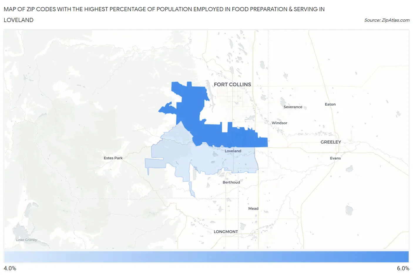 Zip Codes with the Highest Percentage of Population Employed in Food Preparation & Serving in Loveland Map