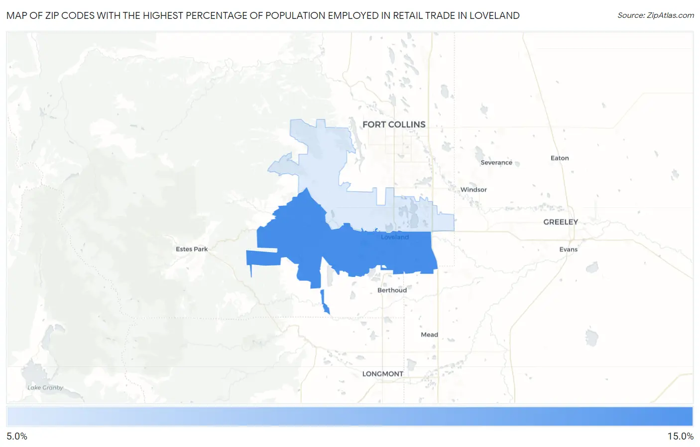 Zip Codes with the Highest Percentage of Population Employed in Retail Trade in Loveland Map