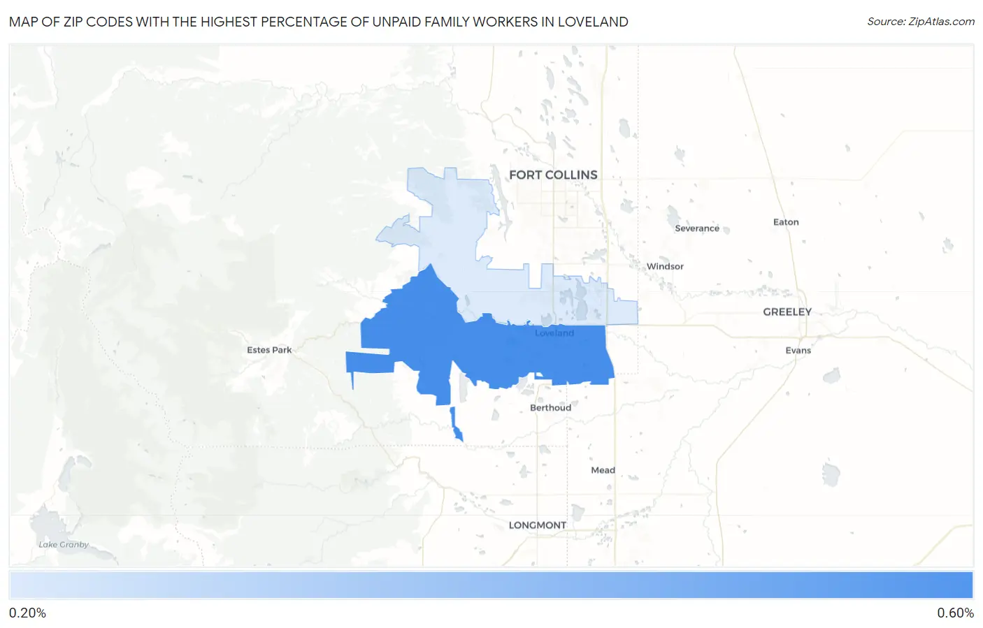 Zip Codes with the Highest Percentage of Unpaid Family Workers in Loveland Map