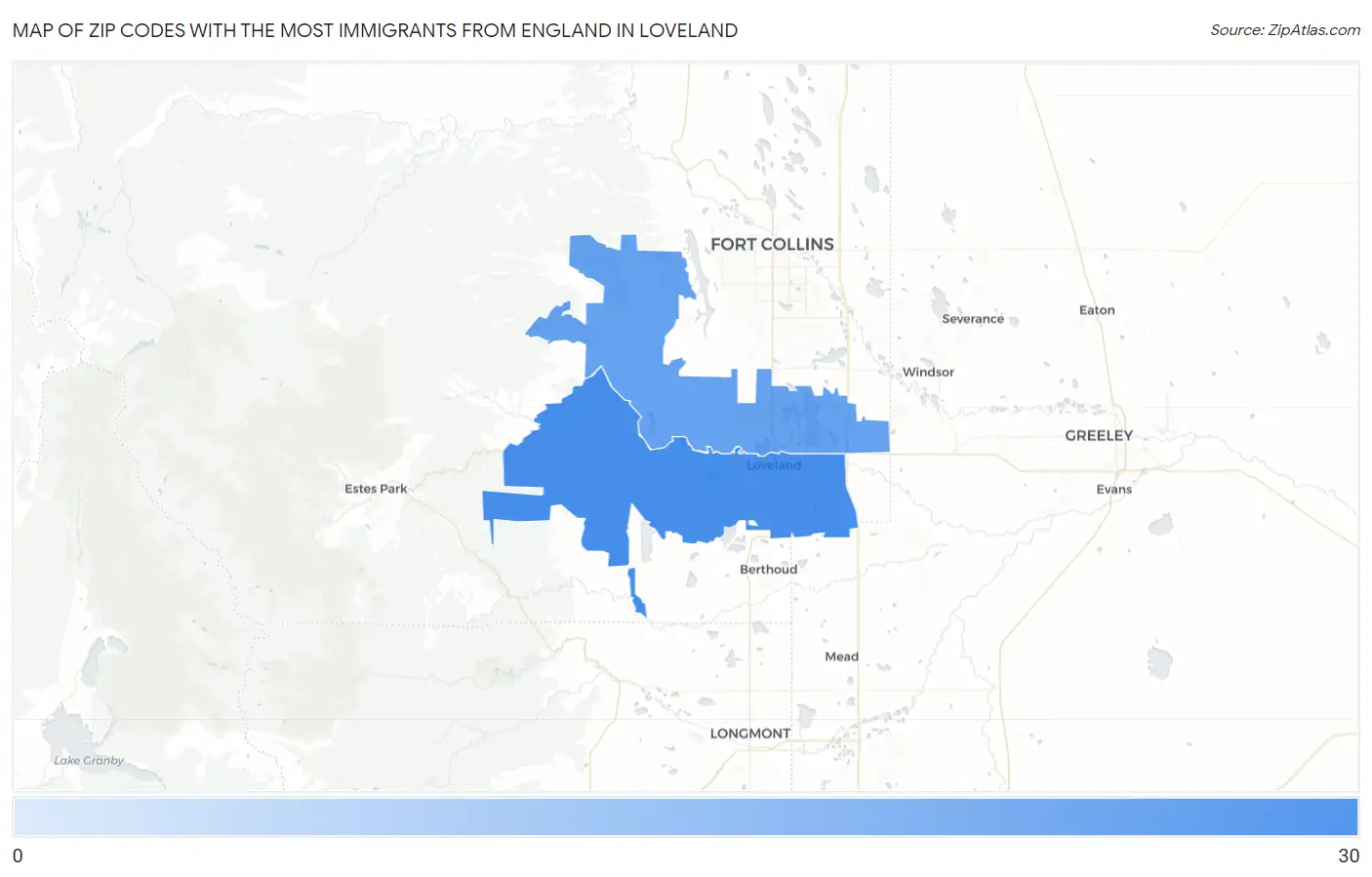 Zip Codes with the Most Immigrants from England in Loveland Map