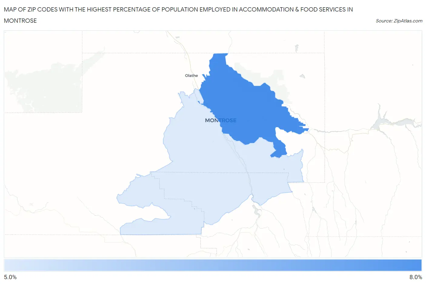 Zip Codes with the Highest Percentage of Population Employed in Accommodation & Food Services in Montrose Map