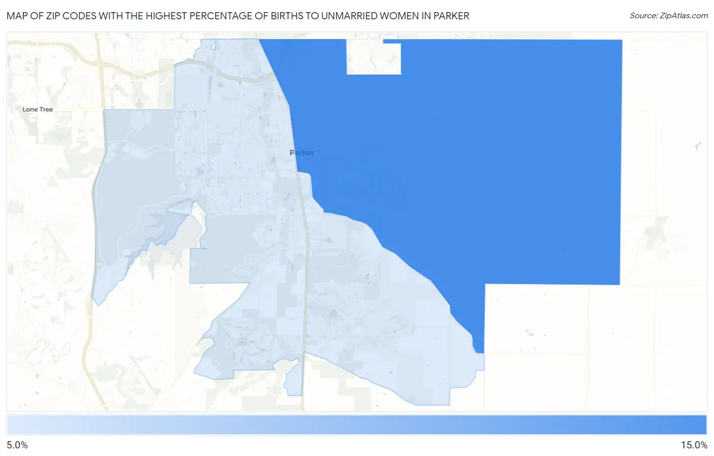 Zip Codes with the Highest Percentage of Births to Unmarried Women in Parker Map