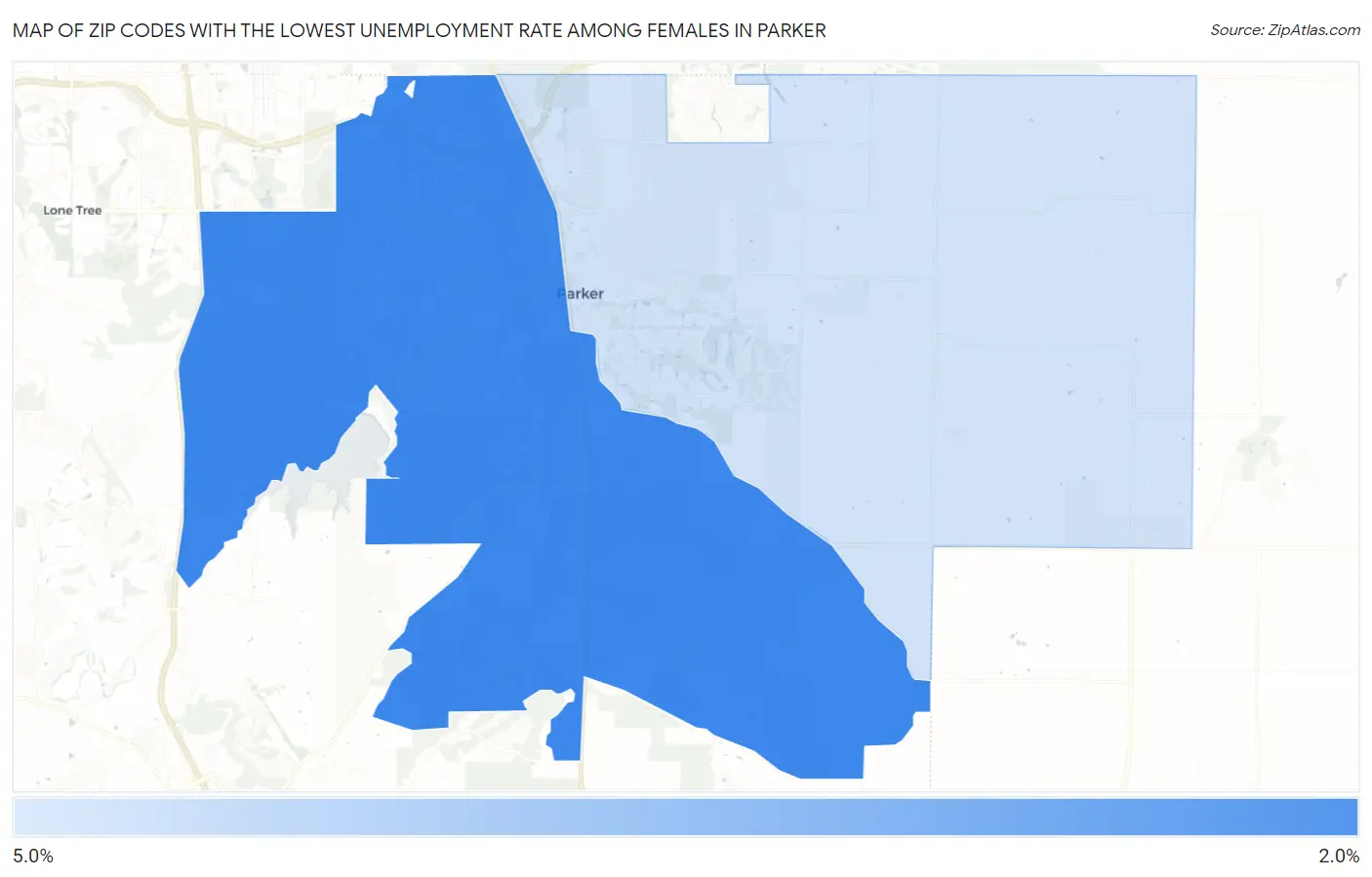 Zip Codes with the Lowest Unemployment Rate Among Females in Parker Map