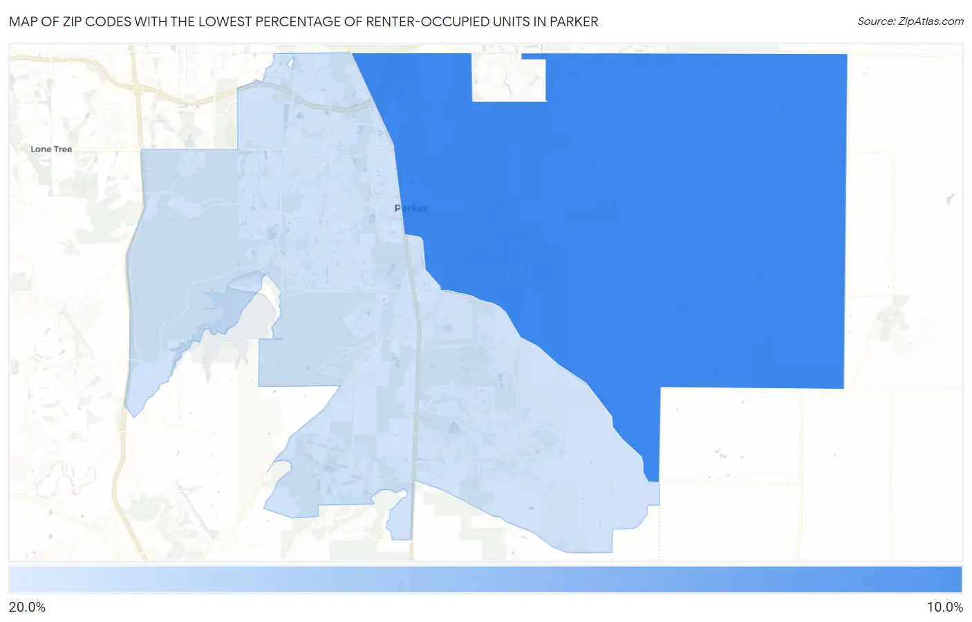 Zip Codes with the Lowest Percentage of Renter-Occupied Units in Parker Map