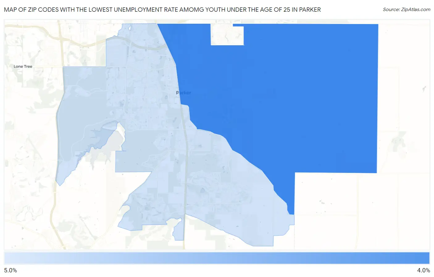 Zip Codes with the Lowest Unemployment Rate Amomg Youth Under the Age of 25 in Parker Map