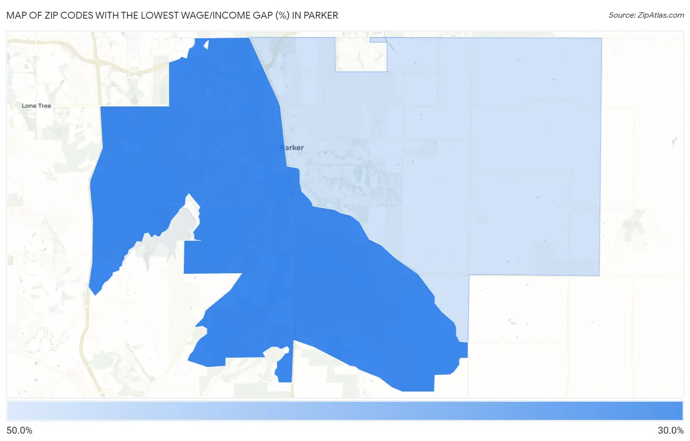 Zip Codes with the Lowest Wage/Income Gap (%) in Parker Map