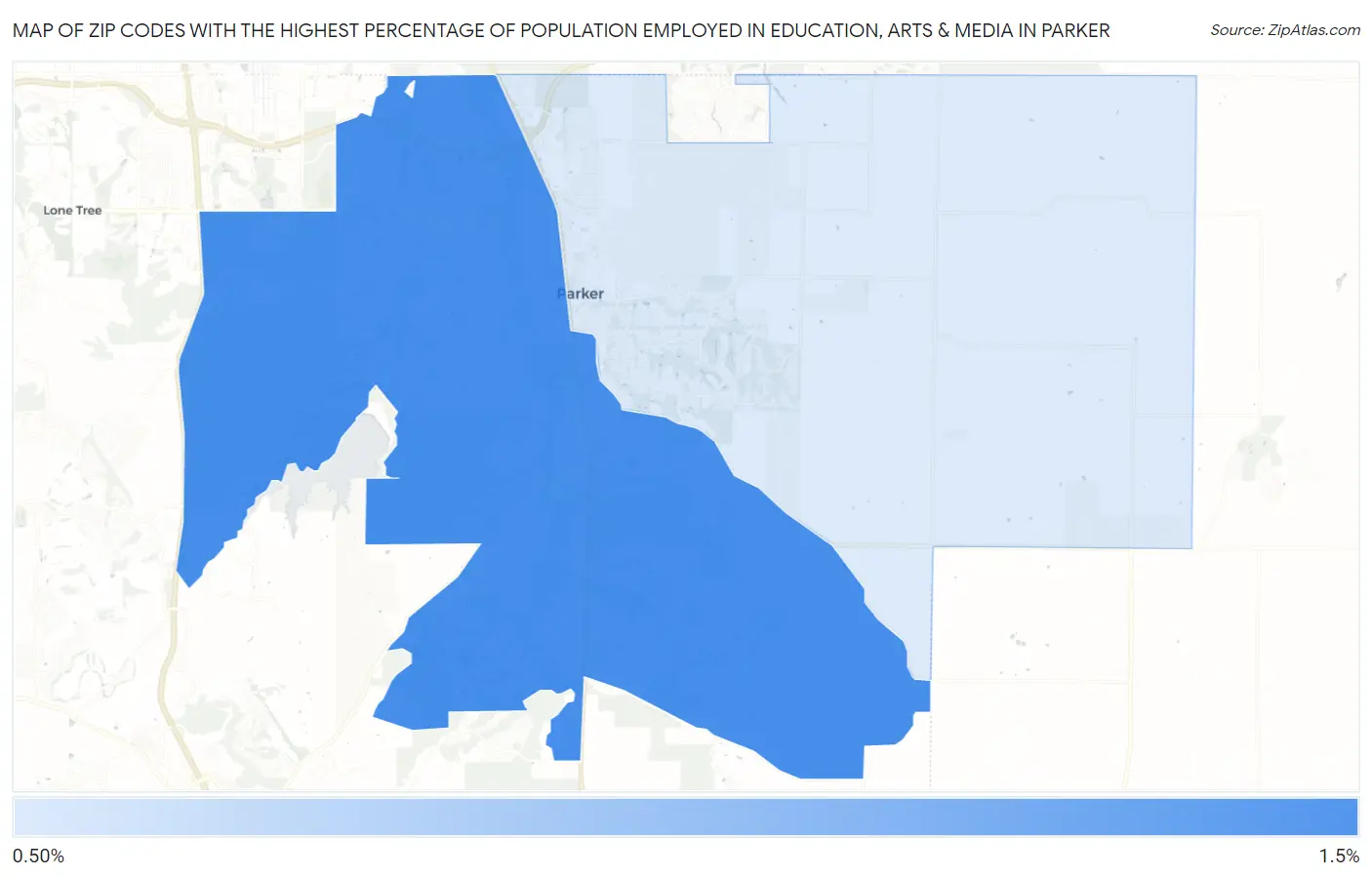 Zip Codes with the Highest Percentage of Population Employed in Education, Arts & Media in Parker Map