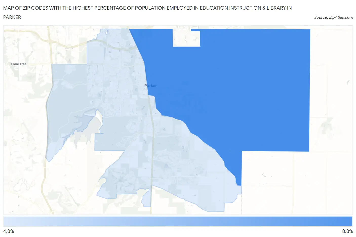 Zip Codes with the Highest Percentage of Population Employed in Education Instruction & Library in Parker Map