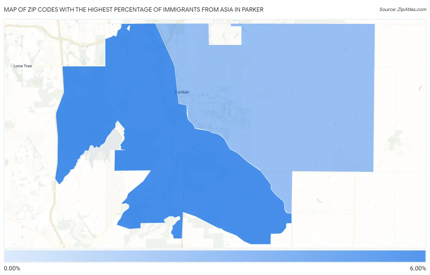 Zip Codes with the Highest Percentage of Immigrants from Asia in Parker Map