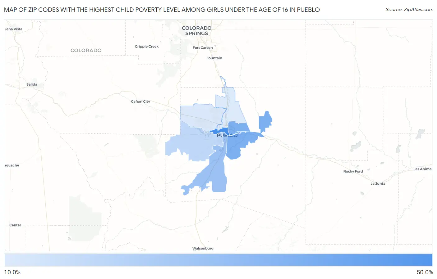Zip Codes with the Highest Child Poverty Level Among Girls Under the Age of 16 in Pueblo Map