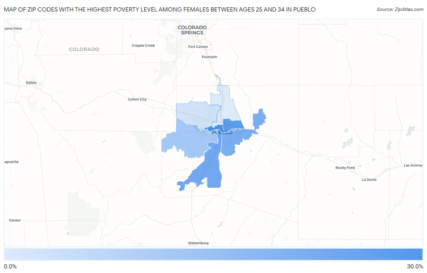 Zip Codes with the Highest Poverty Level Among Females Between Ages 25 and 34 in Pueblo Map