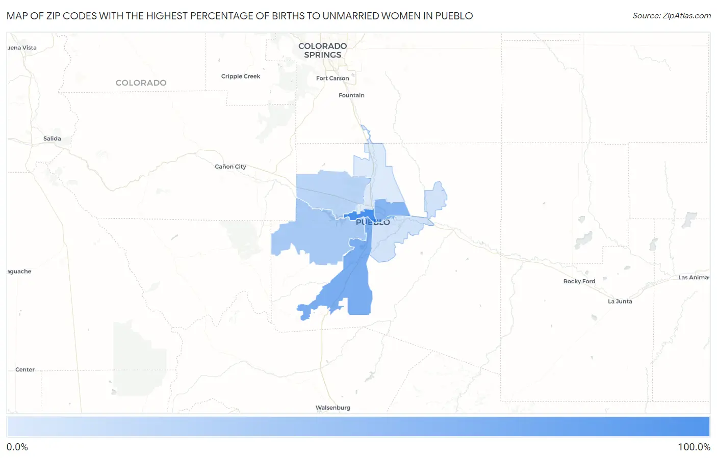 Zip Codes with the Highest Percentage of Births to Unmarried Women in Pueblo Map