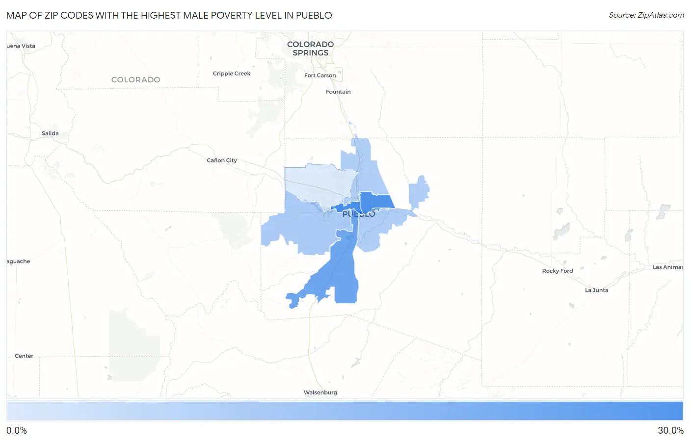 Zip Codes with the Highest Male Poverty Level in Pueblo Map