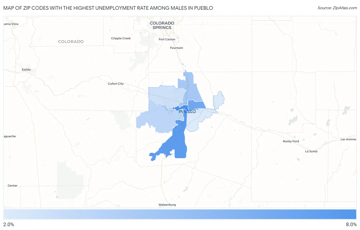 Zip Codes with the Highest Unemployment Rate Among Males in Pueblo Map