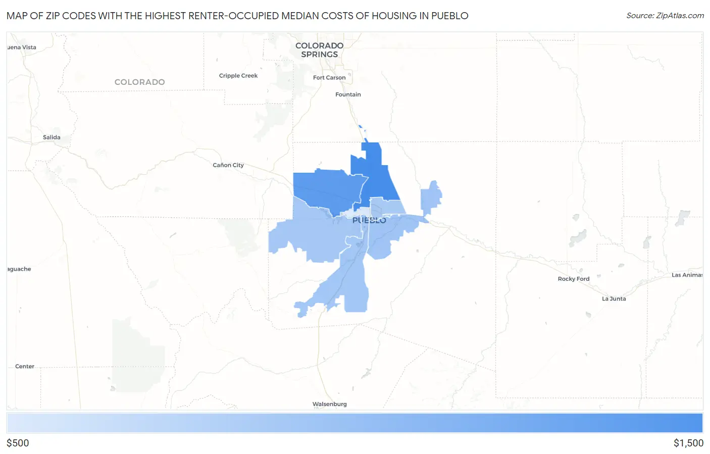 Zip Codes with the Highest Renter-Occupied Median Costs of Housing in Pueblo Map