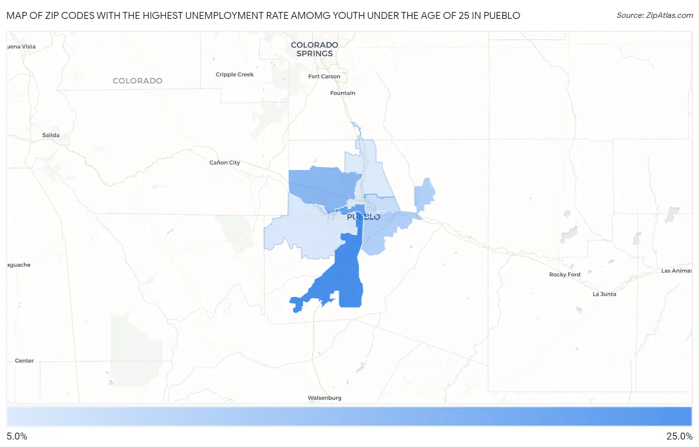 Zip Codes with the Highest Unemployment Rate Amomg Youth Under the Age of 25 in Pueblo Map